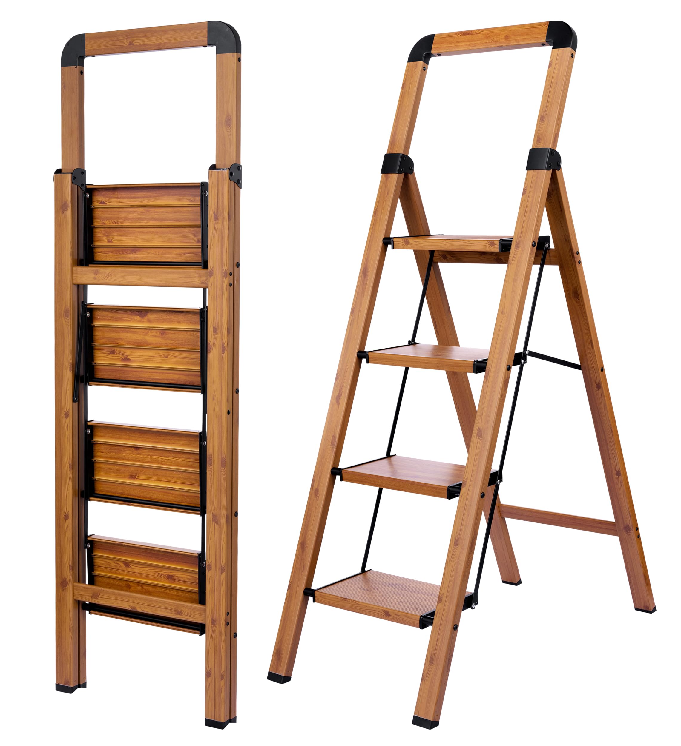 Bibkoke woodgrain 4-step ladder open for high reaching tasks