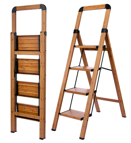 Bibkoke woodgrain 4-step ladder open for high reaching tasks