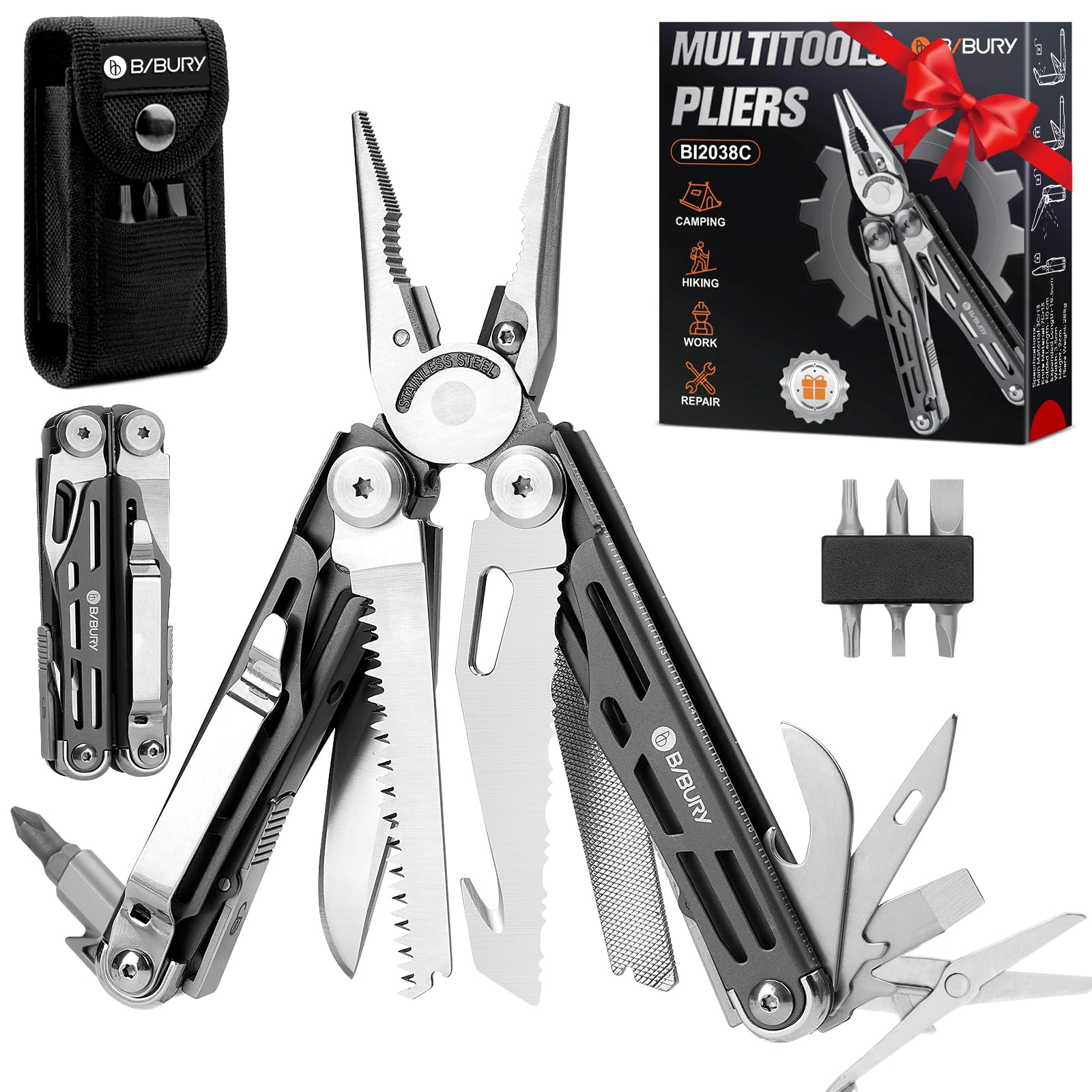 BIBURY BI2038C 19-in-1 multitool opened for outdoors and tasks
