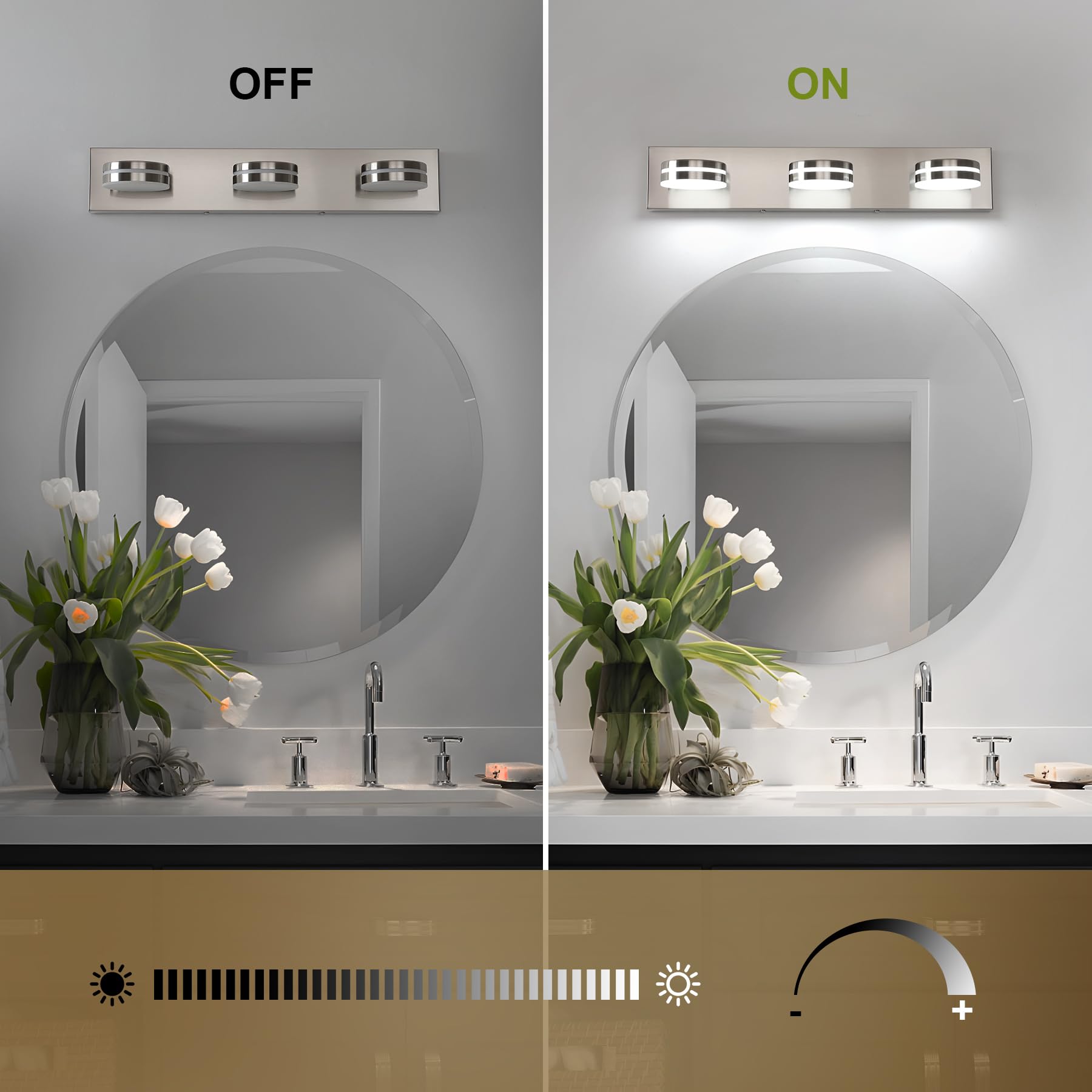 Bicrink brushed nickel three light vanity brightens mirrors evenly