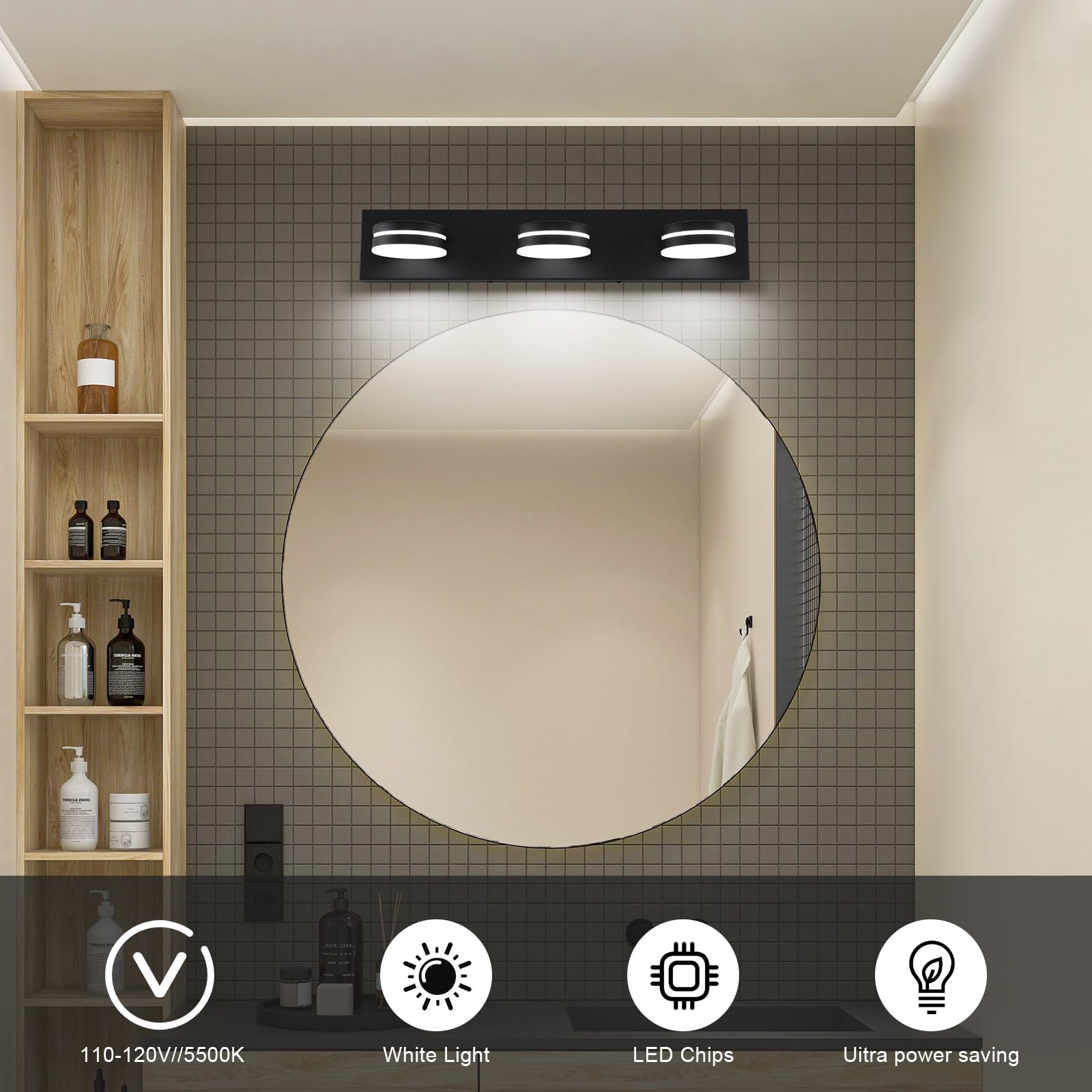 Bicrink dimmable LED vanity light offering adjustable brightness.