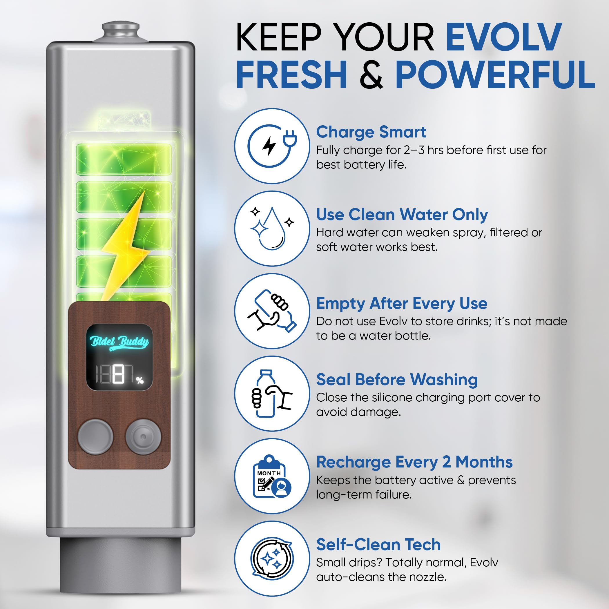 Bidet Buddy Evolv 530ml bottle included for ready hydration on the go.