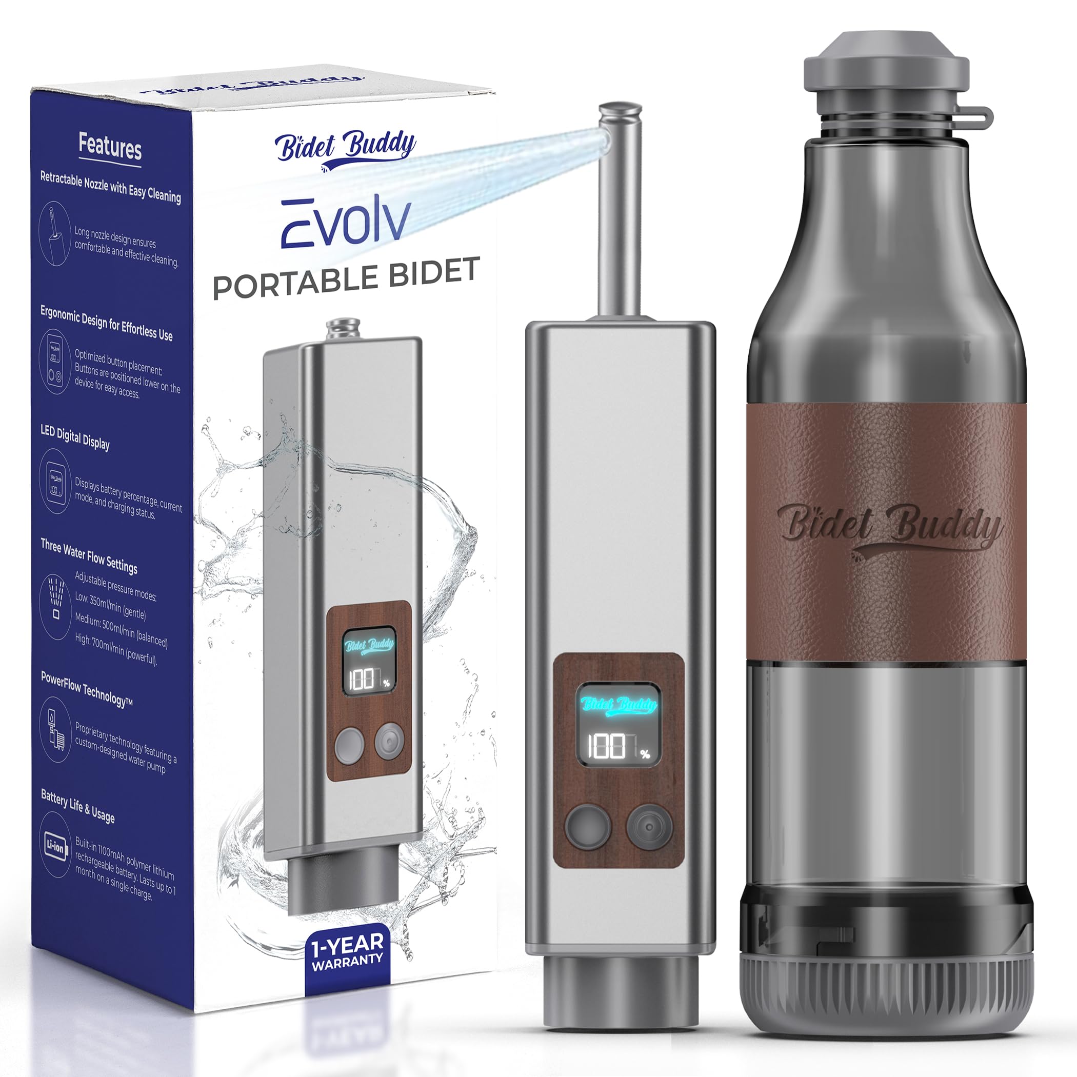 Bidet Buddy Evolv front view highlights compact design for travel-ready hygiene.