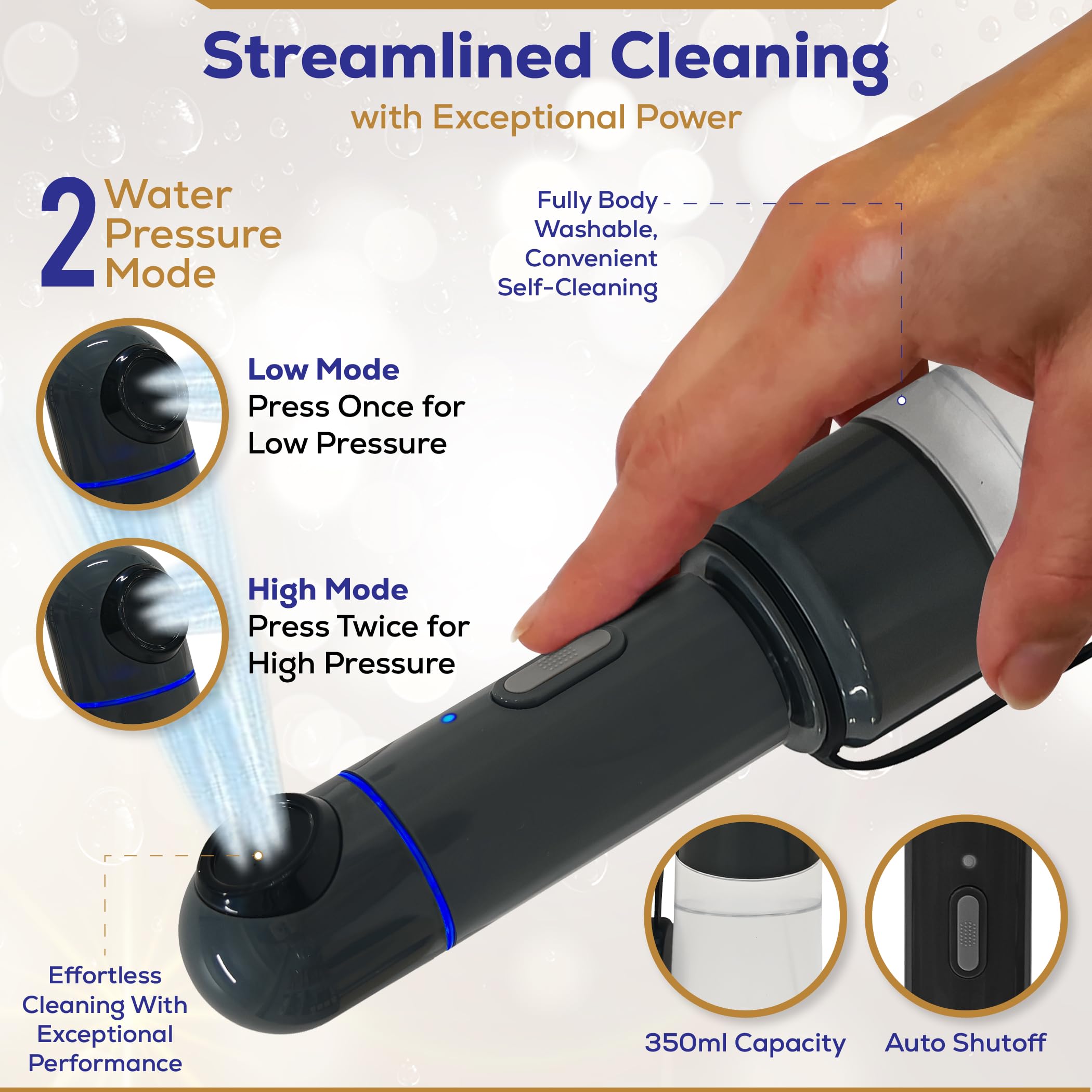 LuxeJet continuous water flow with safety shut-off enhances reliability.