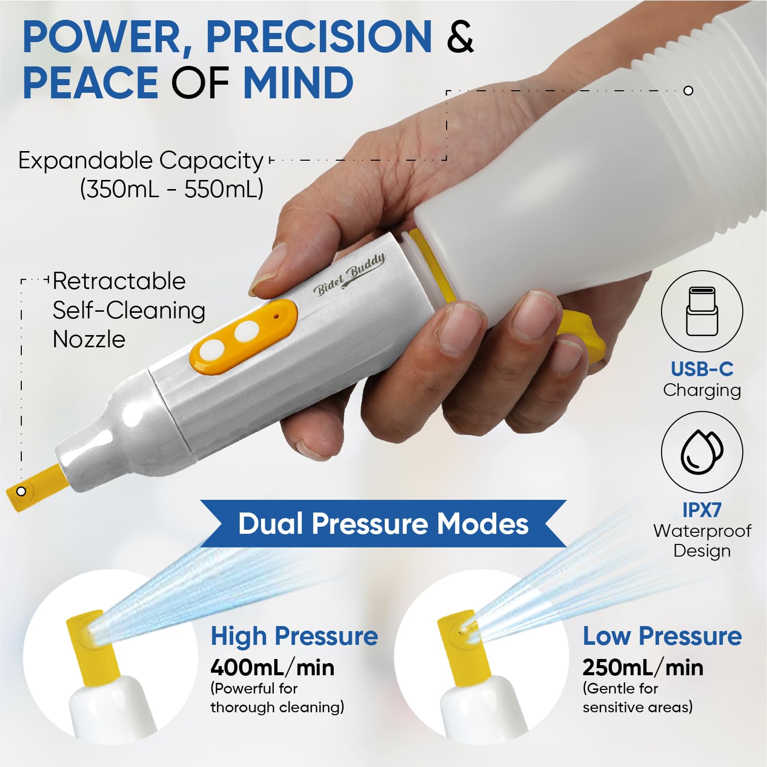 Bidet Buddy PureJet expandable bottle capacity for longer use away from home