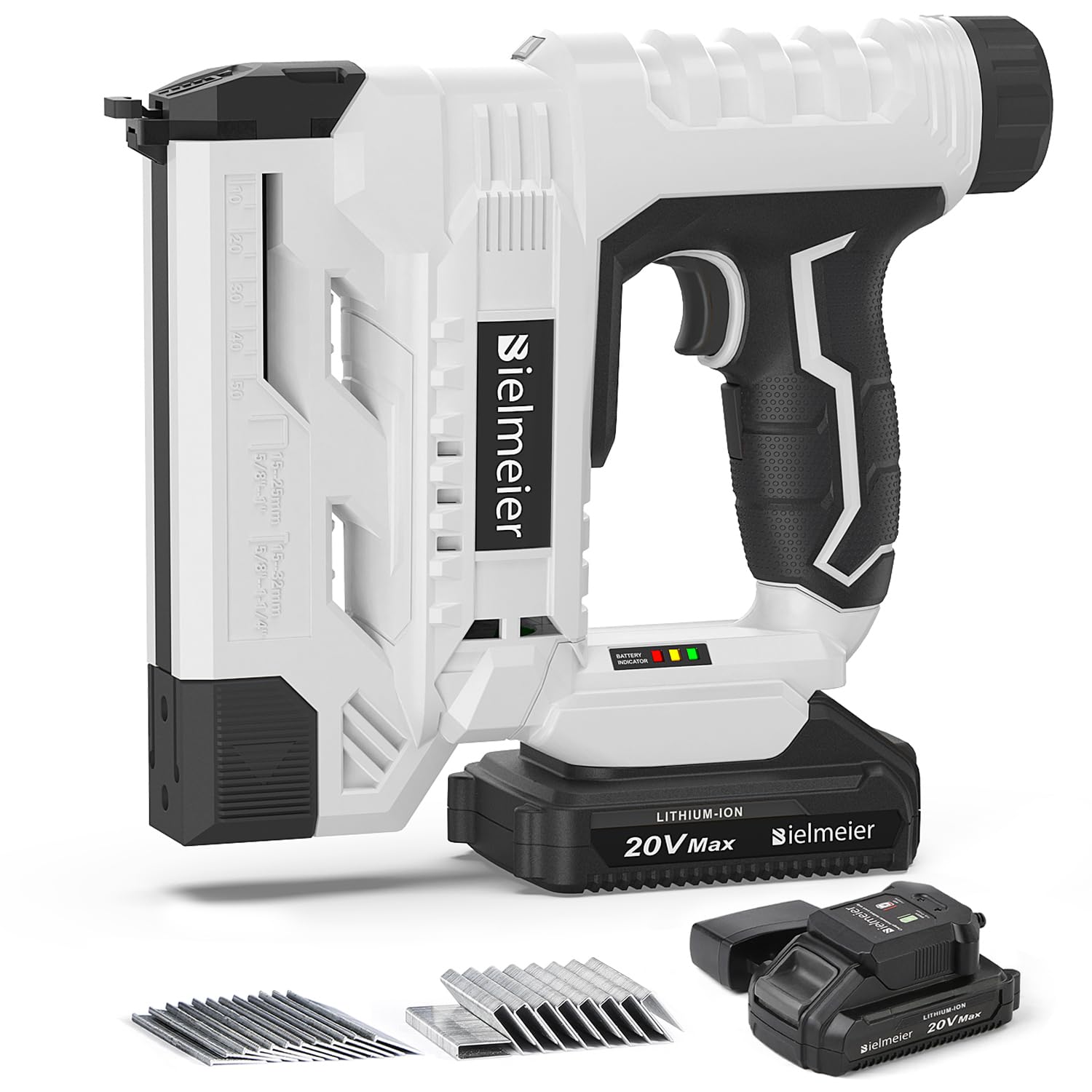 BIELMEIER 20V cordless nail gun showing portable design for on-site use.