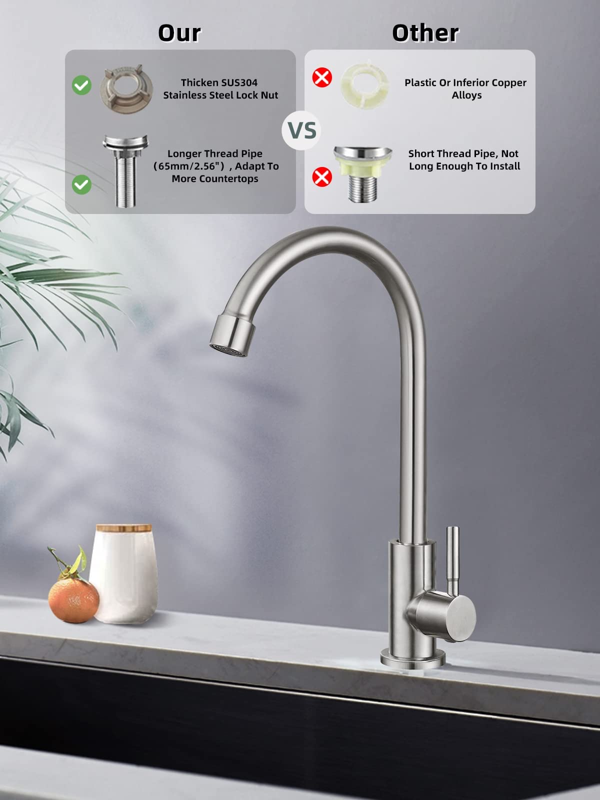 Bifordo SUS304 stainless steel faucet with brushed nickel finish for durability and style.