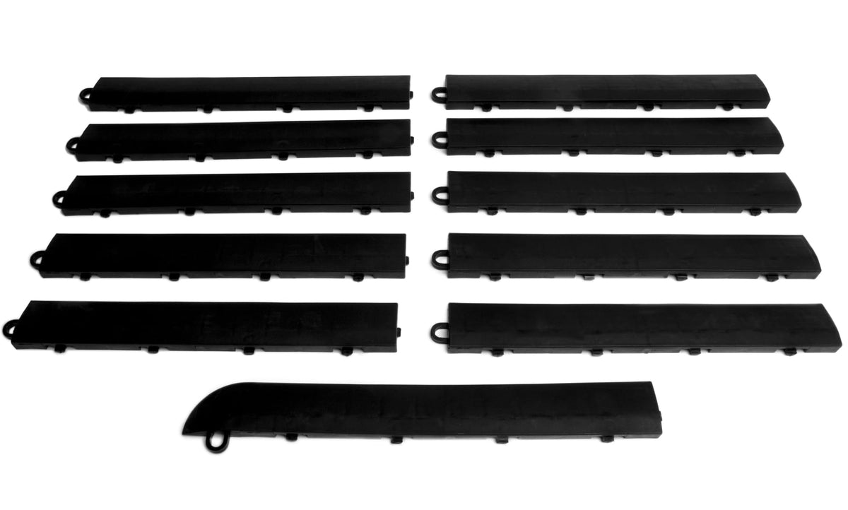 Big Floors male transition edge kit with beveled edge piece finishing the garage border.