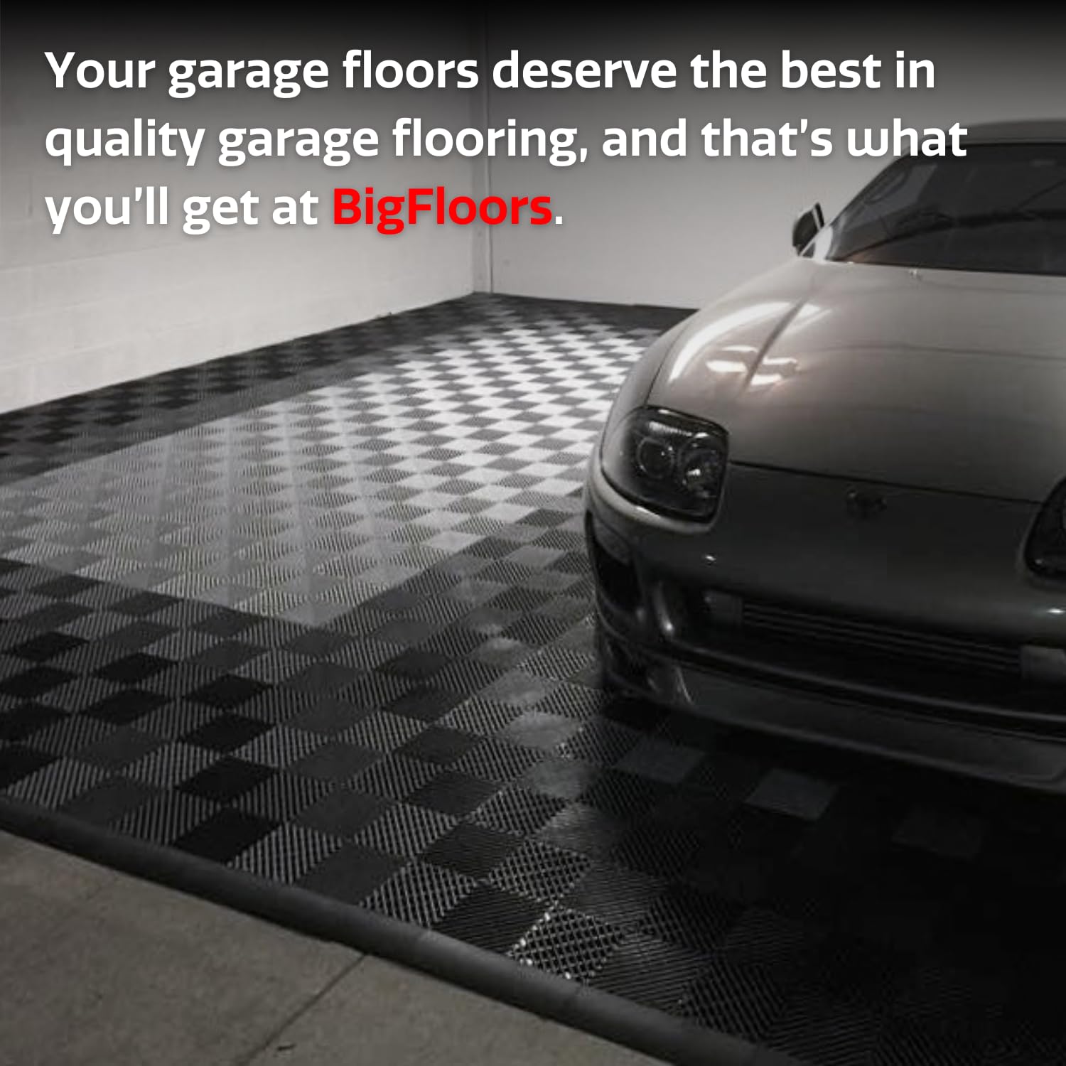 Big Floors RaceDeck Free-Flow tile made in the USA and odor-free.