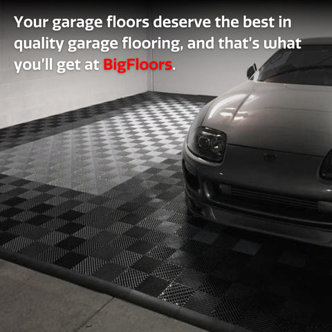 Big Floors RaceDeck Free-Flow tile made in the USA and odor-free.