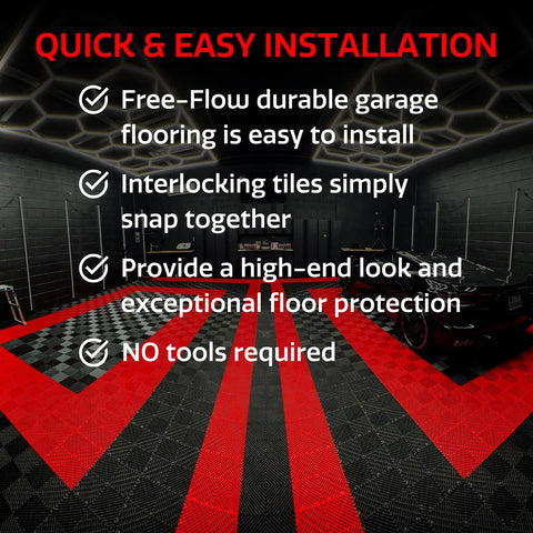 Big Floors RaceDeck Free-Flow open-grid tile promotes fast drainage and a dry workspace.