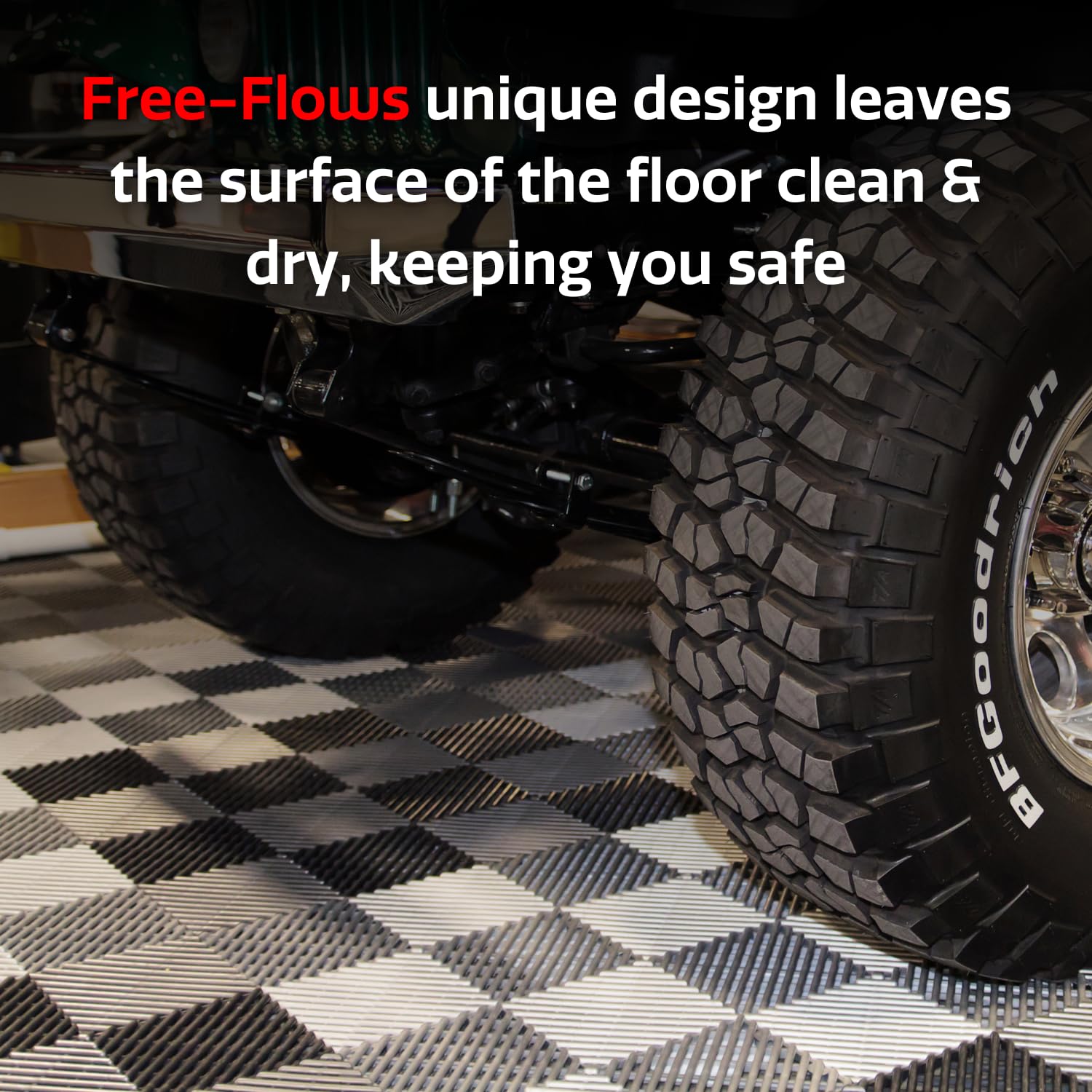 Big Floors RaceDeck Free-Flow slip-resistant surface keeps work areas safer.