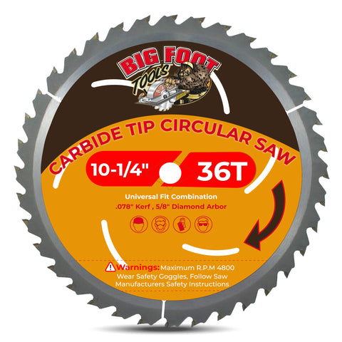 Big Foot Tools 10-1/4-inch blade with 36 carbide teeth delivering precise framing cuts.