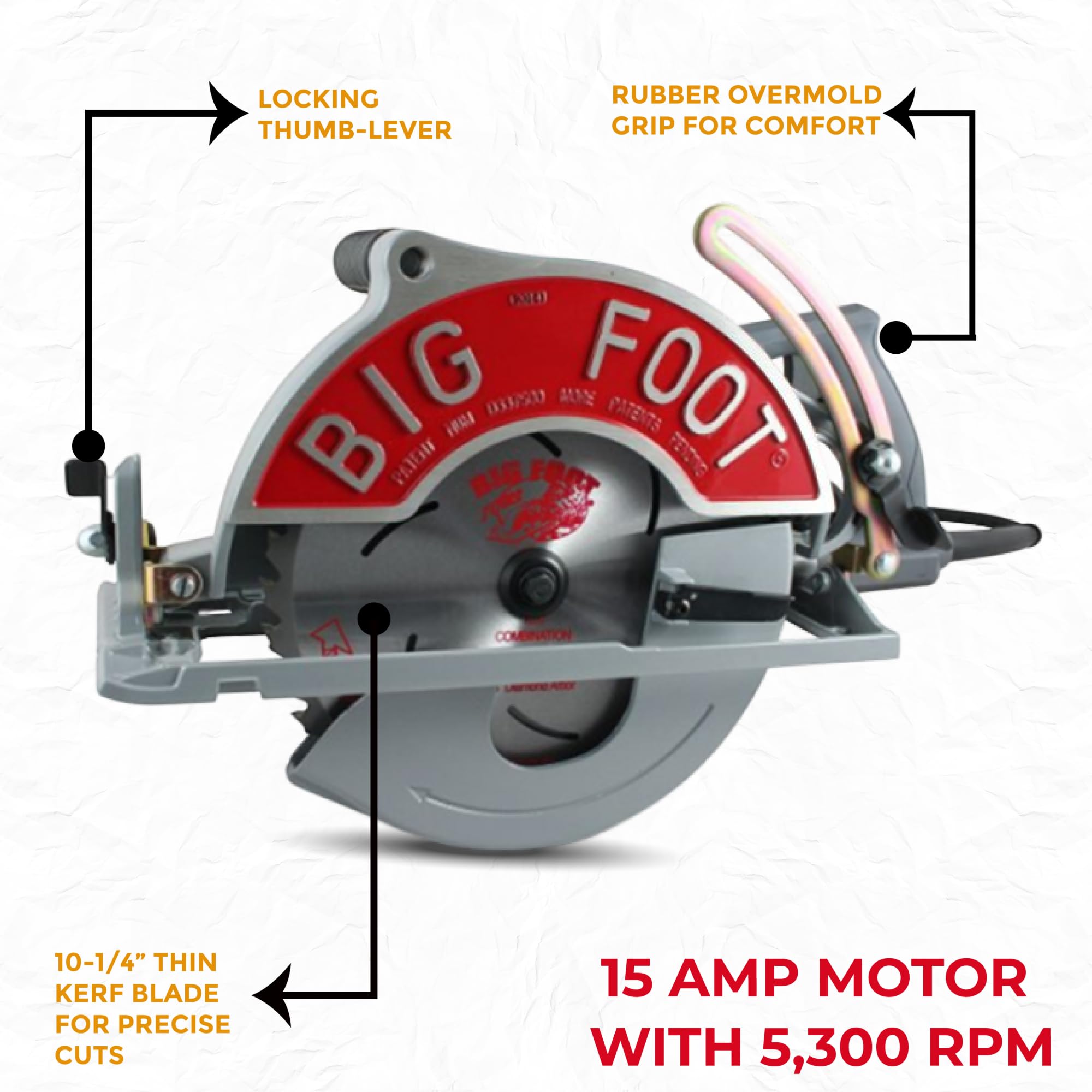 Big Foot Tools worm-drive mechanism delivering precise, straight cuts