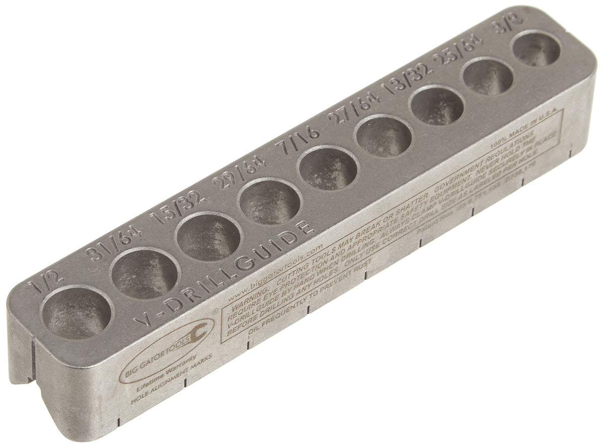 Big Gator Tools V-Drill Guide positioned on a work surface for precise perpendicular drilling.