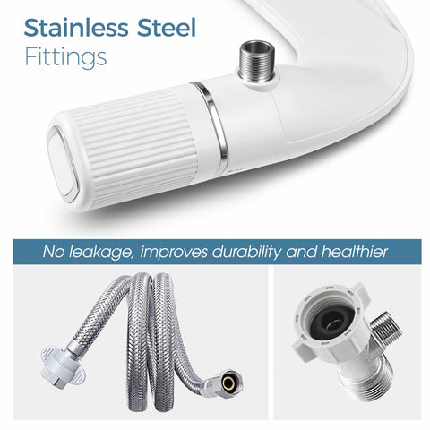 Stainless steel inlet highlights lead-free, durable plumbing connections.