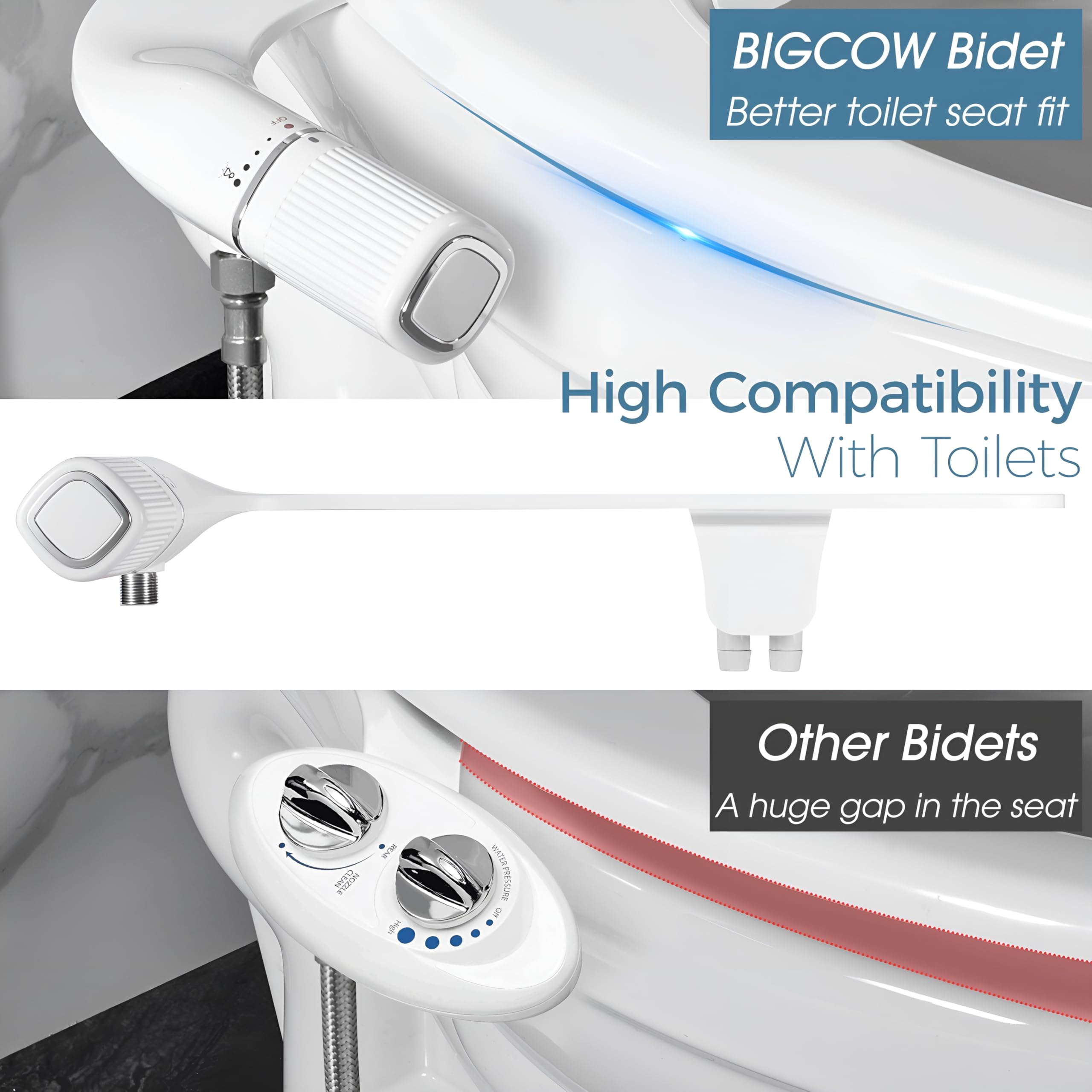 Ultra-thin bidet design fits standard toilets without lifting the seat.