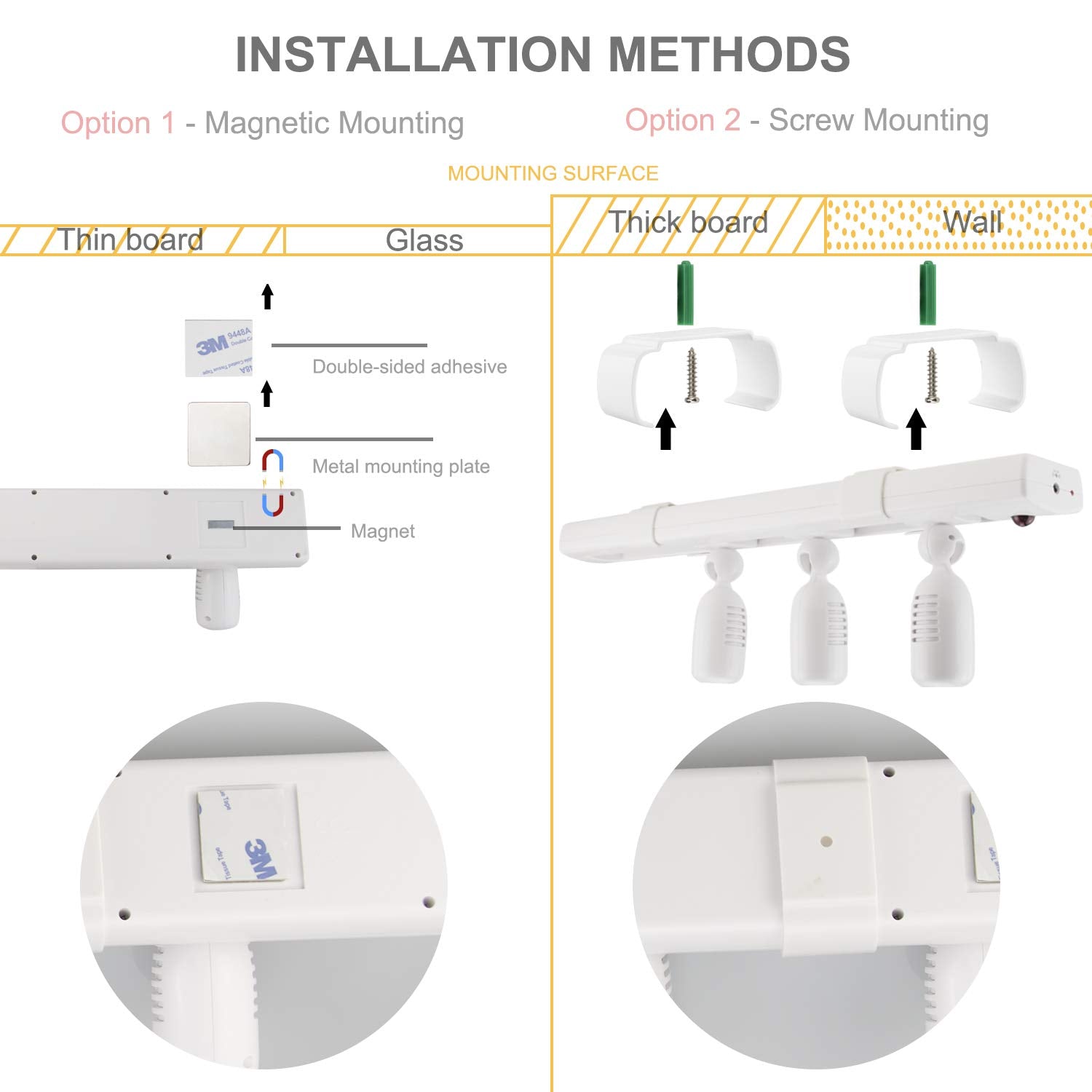 Easy installation with included tape or screws for versatile mounting