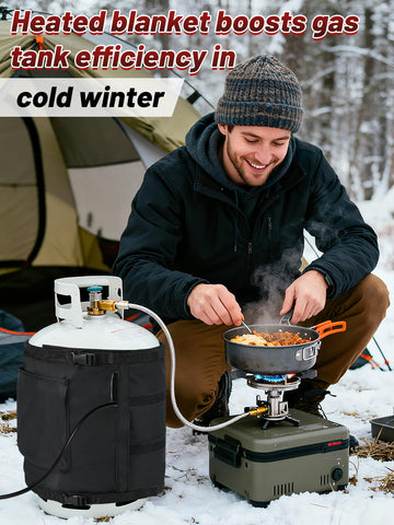 Bigmeta propane tank heater blanket front view highlights quick setup and warm performance outdoors.