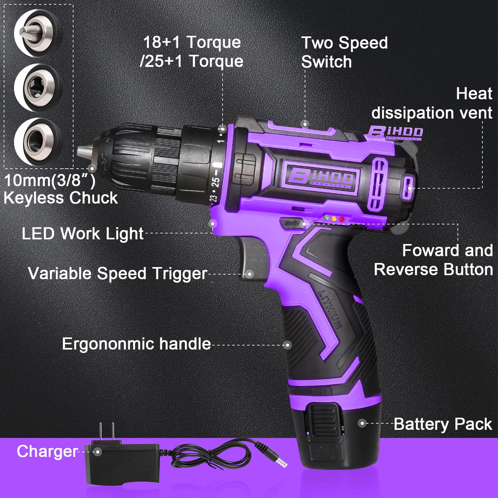 BIHOO purple 12V battery and fast charger ready for sessions