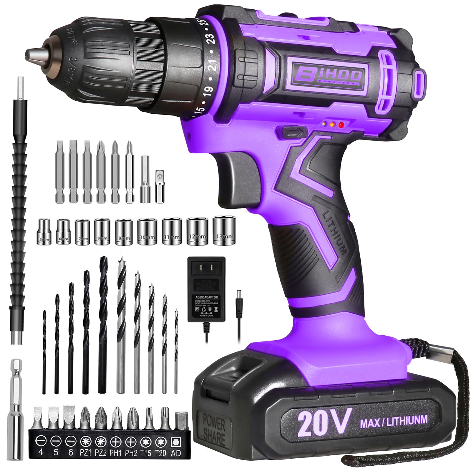 BIHOO purple drill set includes drill bits for quick tasks