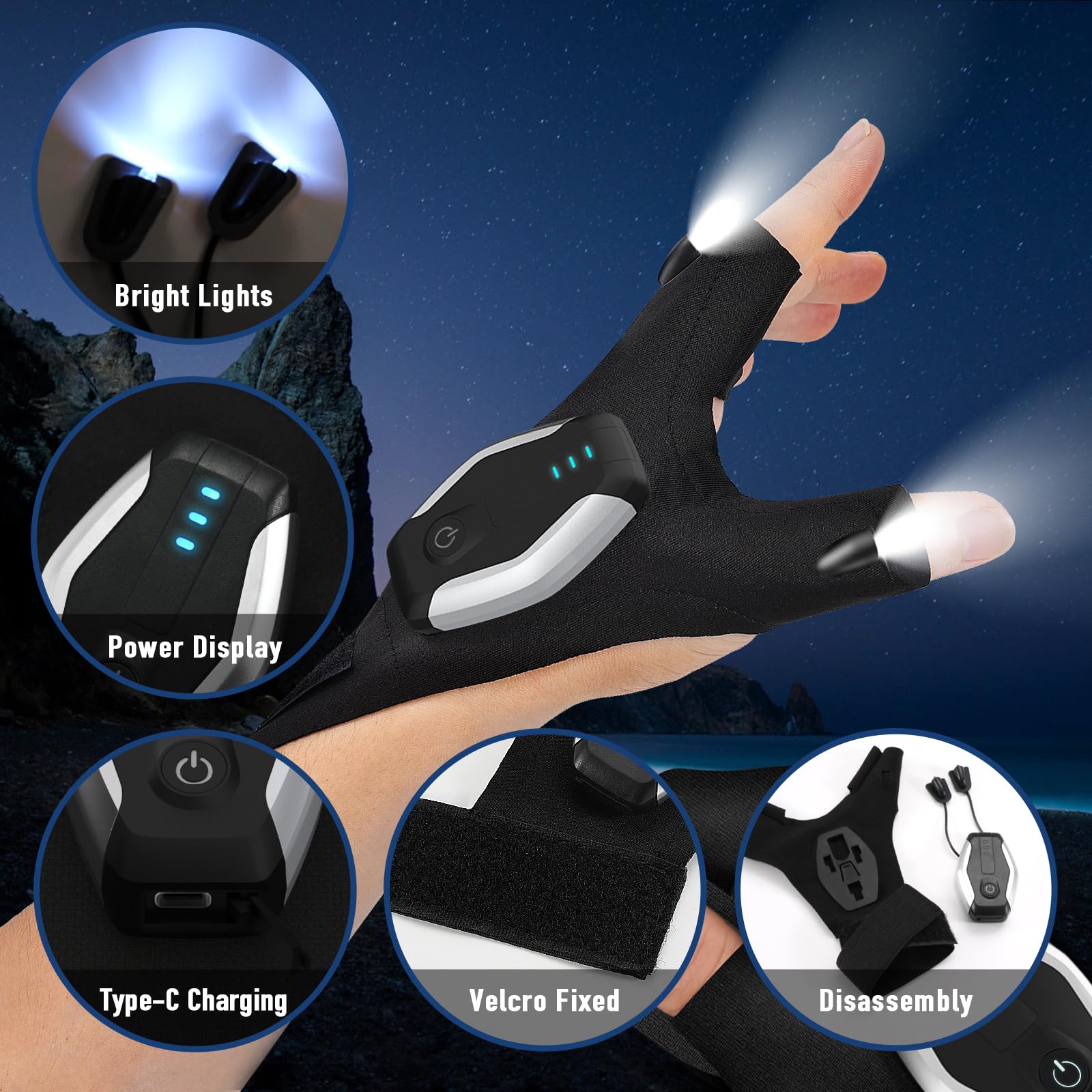BIIB LED flashlight gloves show index and thumb LEDs for precise lighting.