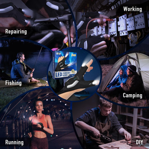 BIIB LED gloves aiding night outdoor activities like camping and repairs.