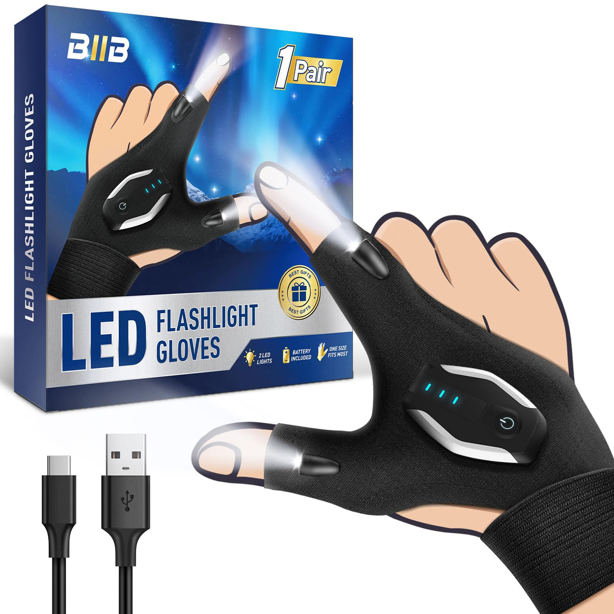 BIIB LED flashlight gloves worn on hand for hands-free illumination during tasks.