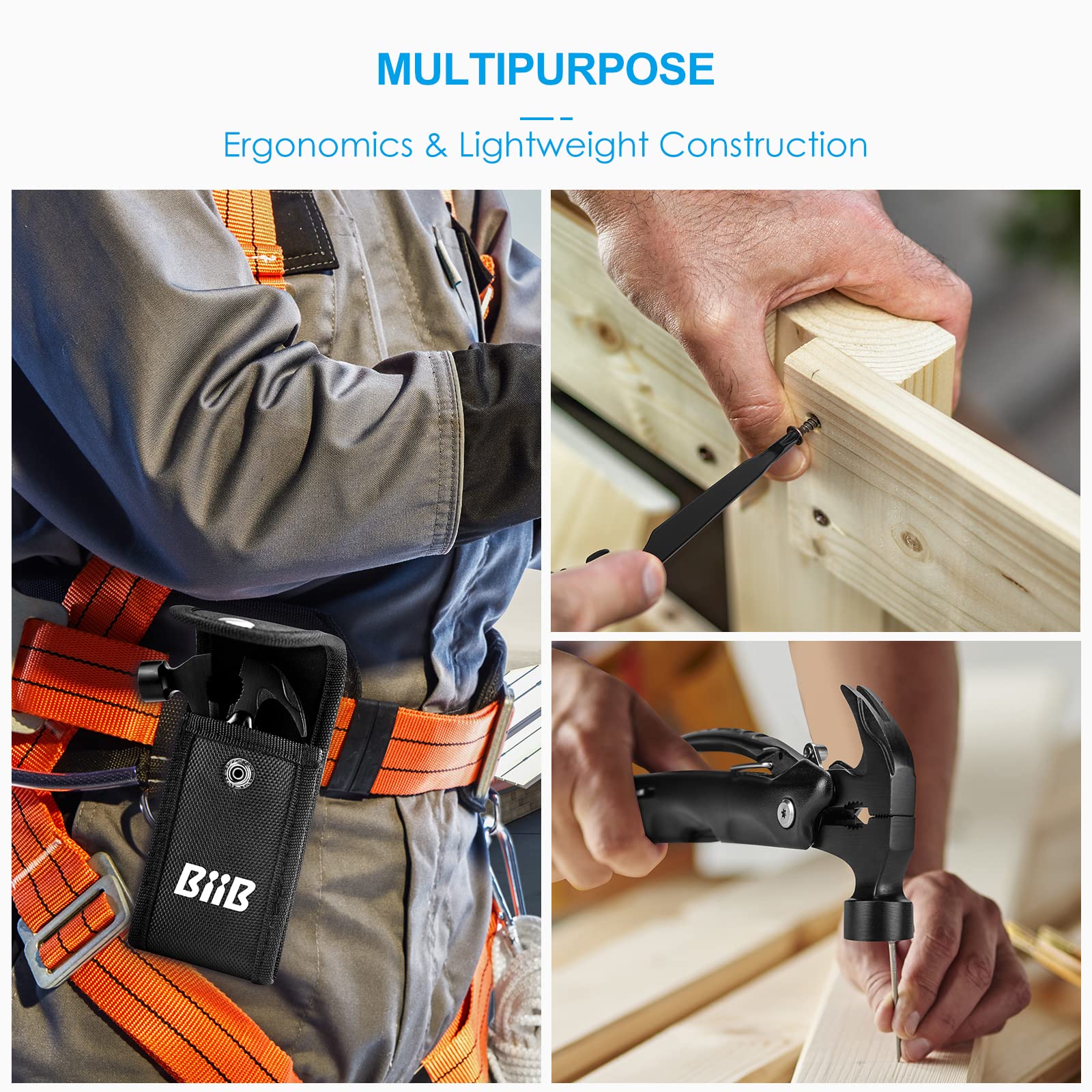 BIIB stainless steel multitool held in hand demonstrates durability for outdoor projects.