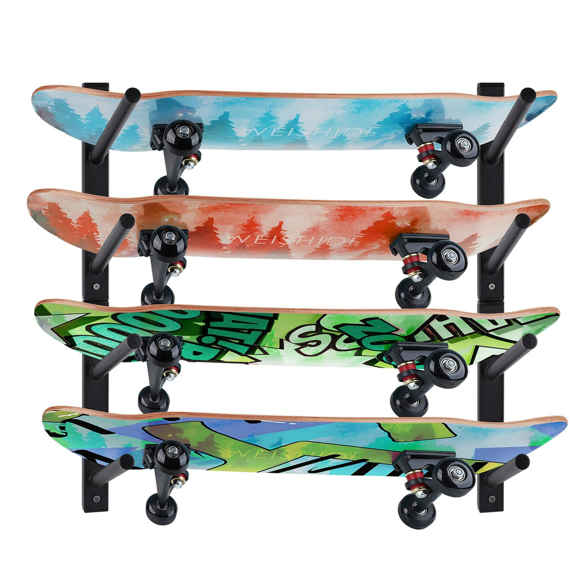 BiJun skateboard wall mount displays board securely, ideal for organized garage and visual display.