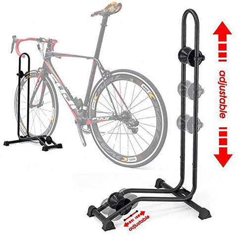 BikeHand floor stand in garage demonstrates easy slide-in wheel insertion