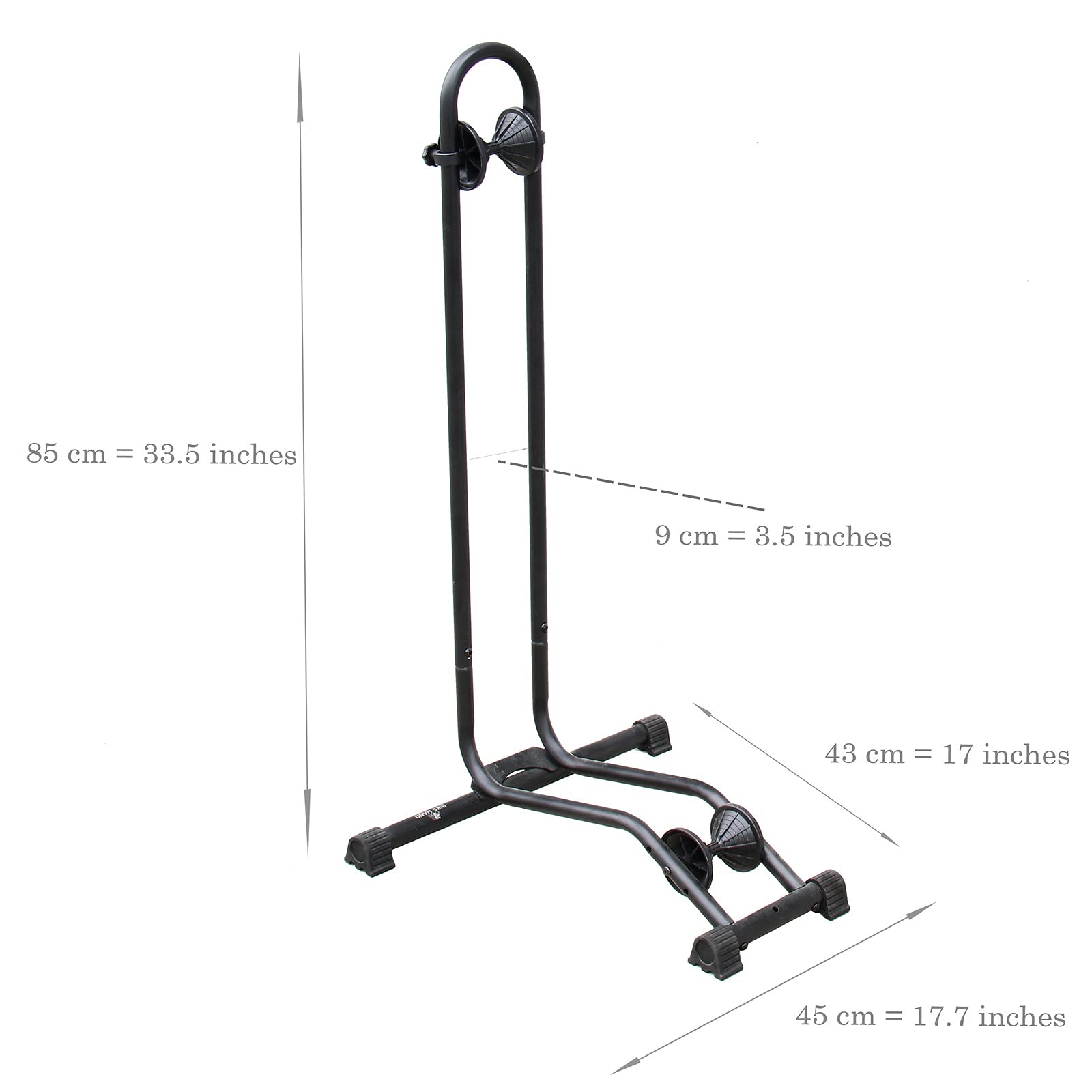 BikeHand floor stand side view highlights adjustable pulleys for versatile wheel fit