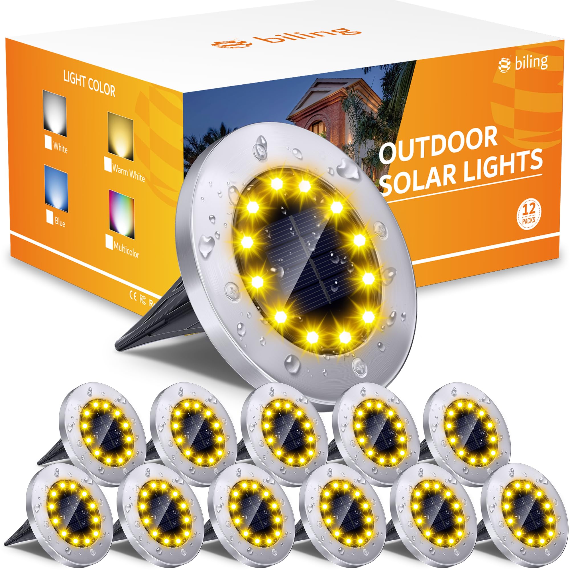 Biling solar ground light with 12 LEDs for warm white walkway edge lighting