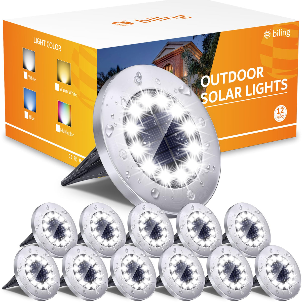 Biling solar disk light highlights garden edges with bright, soft white illumination.
