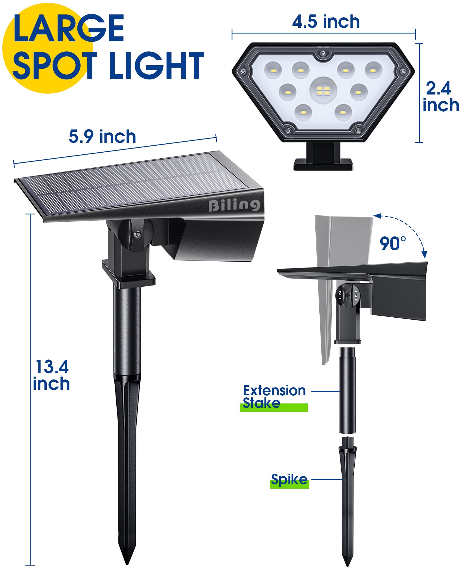Biling solar spot light 350lm low mode extends runtime overnight