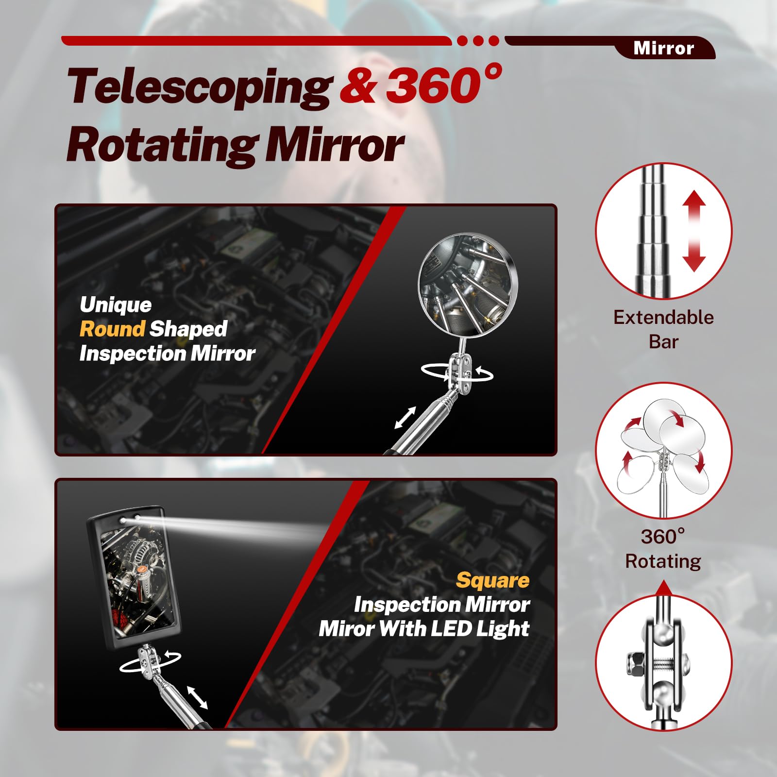 BILITOOLS 360-degree rotating head inspection mirror helps spot hidden fasteners.