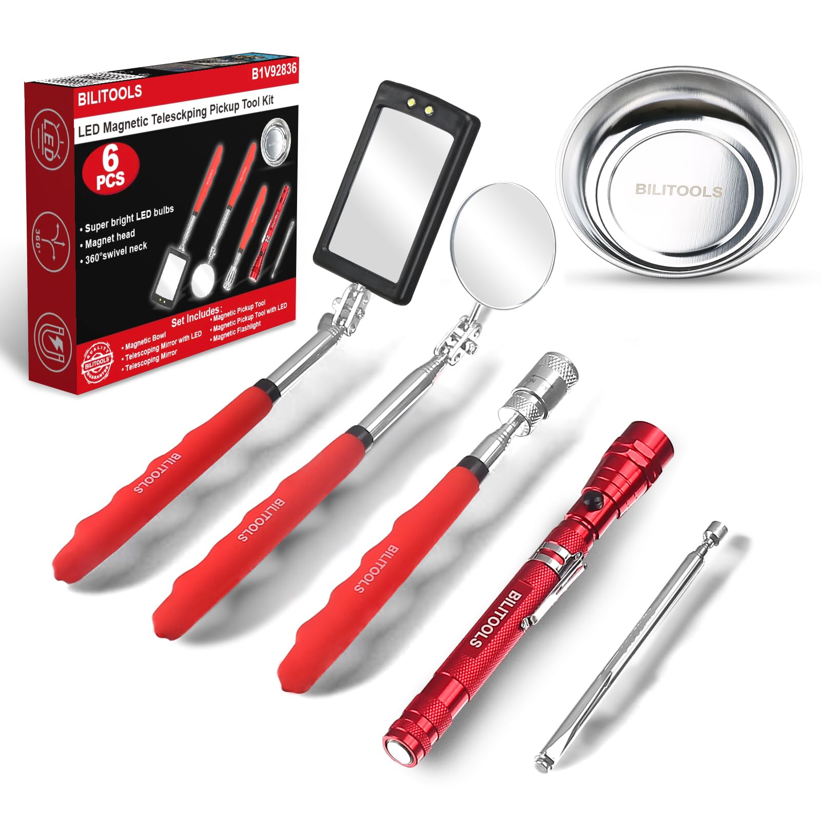 BILITOOLS 6-piece telescoping magnetic pickup tool set in action, ideal for retrieving fasteners in tight spaces.