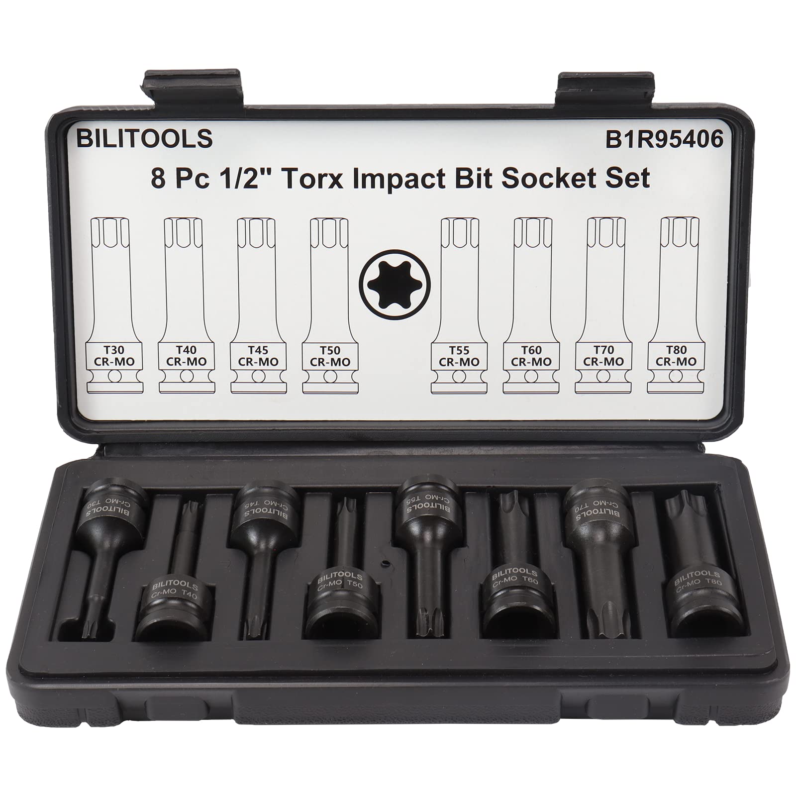 BILITOOLS 8-piece impact Torx socket set in use with 1/2-inch drive for durability.