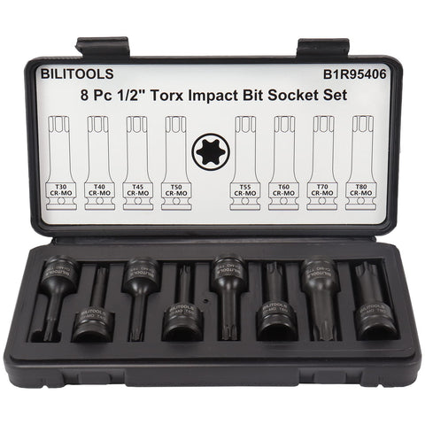 BILITOOLS 8-piece impact Torx socket set in use with 1/2-inch drive for durability.