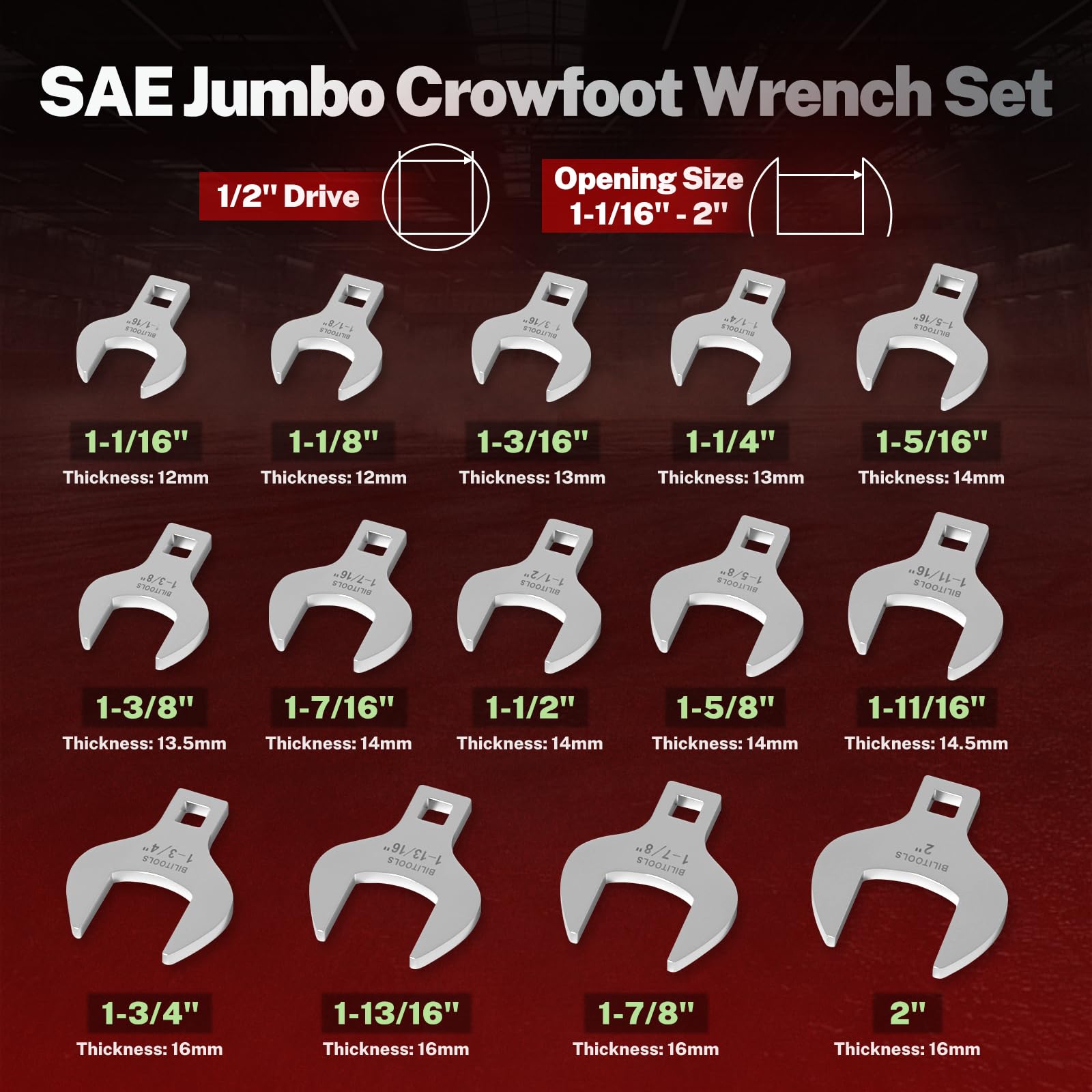 BILITOOLS jumbo crowfoot wrench compact design enables access in tight spaces.