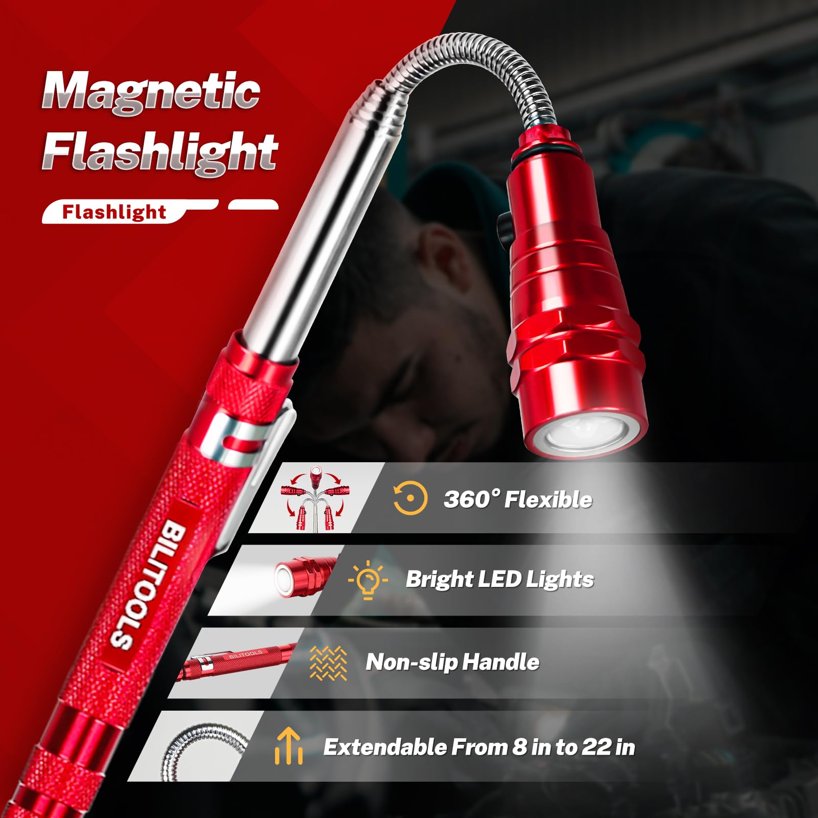 BILITOOLS LED-lit magnet rod for better visibility in narrow areas.