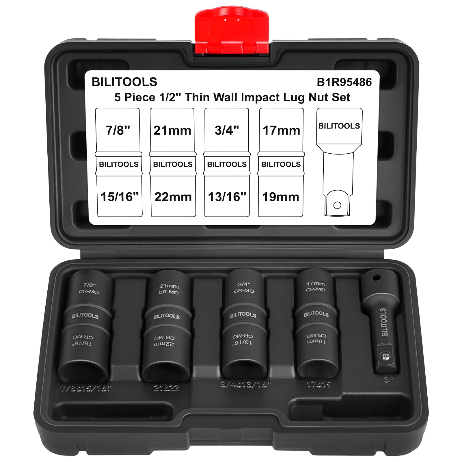 Bilitools lug nut socket flip set designed for quick access with a 1/2 inch drive