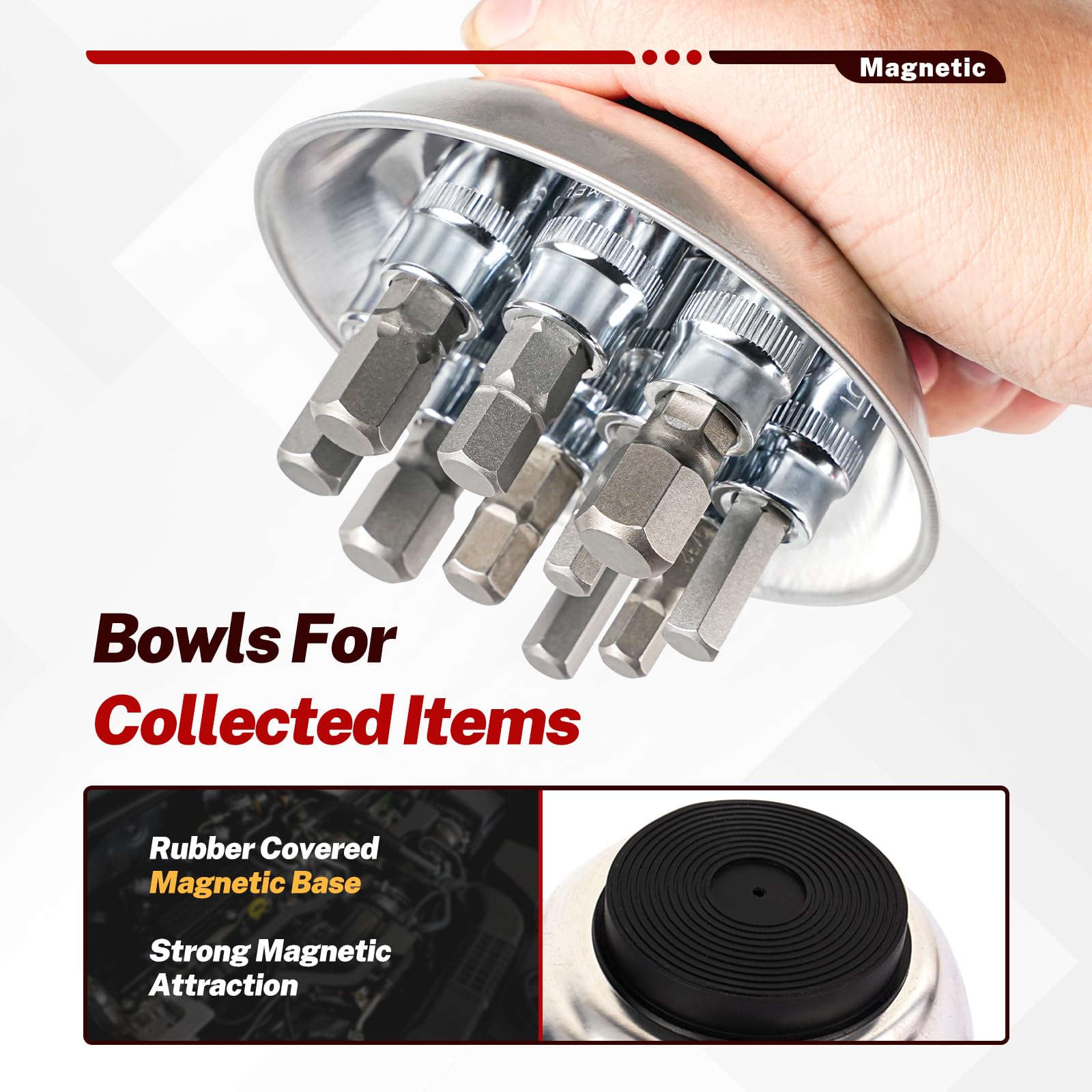 BILITOOLS magnetic bowl keeps screws organized while you work.
