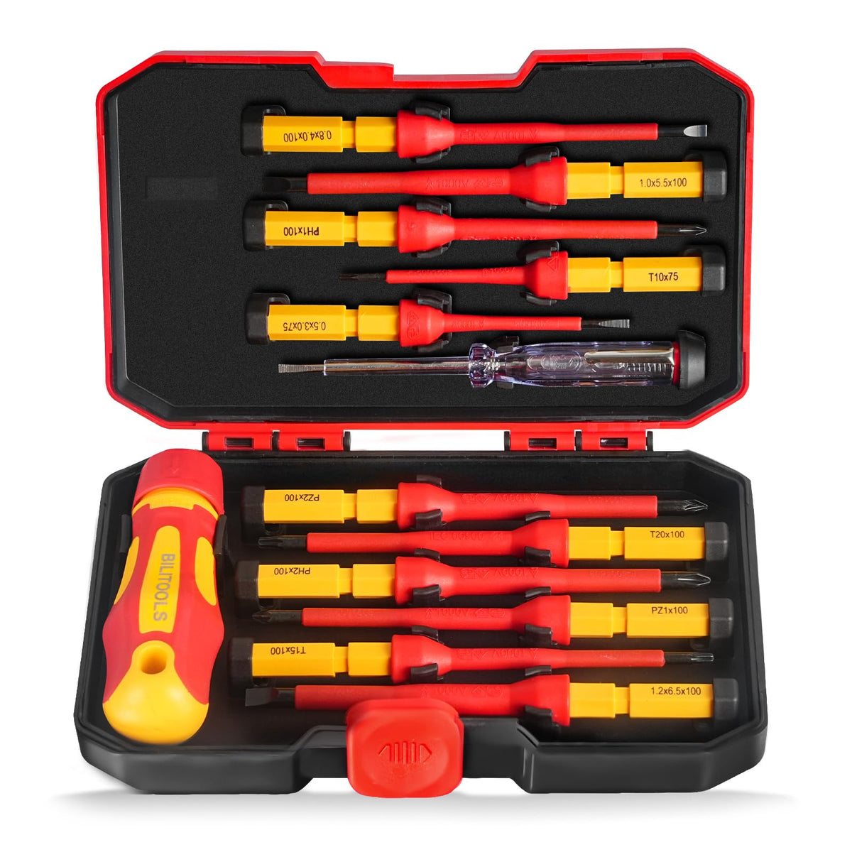 Bilitoools 1000V insulated screwdriver set front view with magnetic tips for quick bit changes.