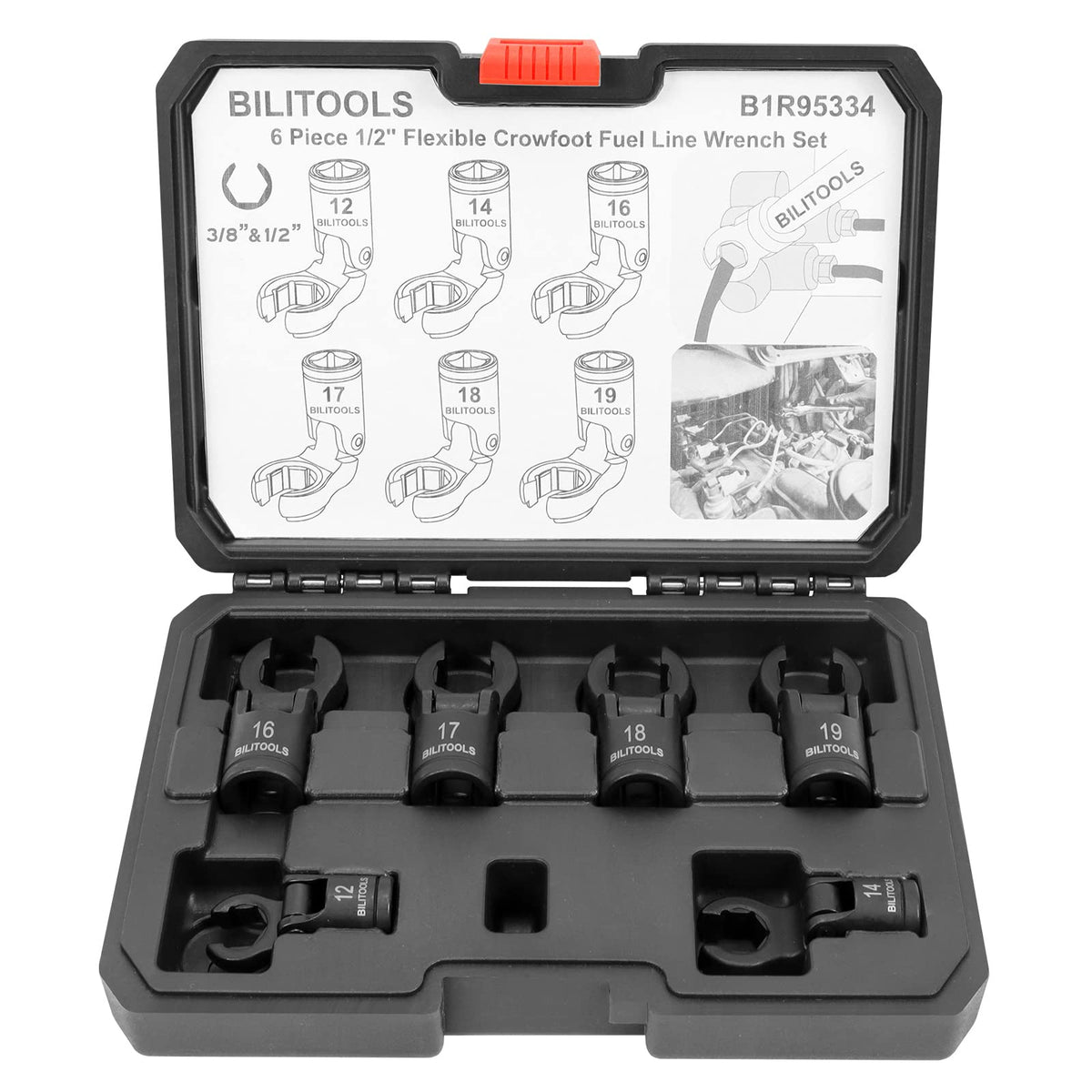 BILITOOLS 6pc flex-head crowfoot set neatly stored in case.