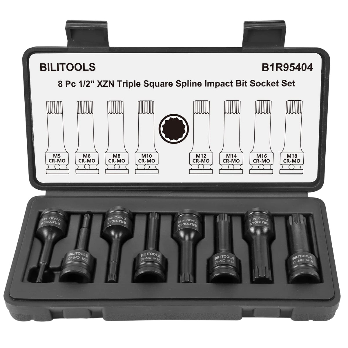 BILITOOLS 8-piece XZN socket set shown with 1/2 inch drive for high-torque tasks.