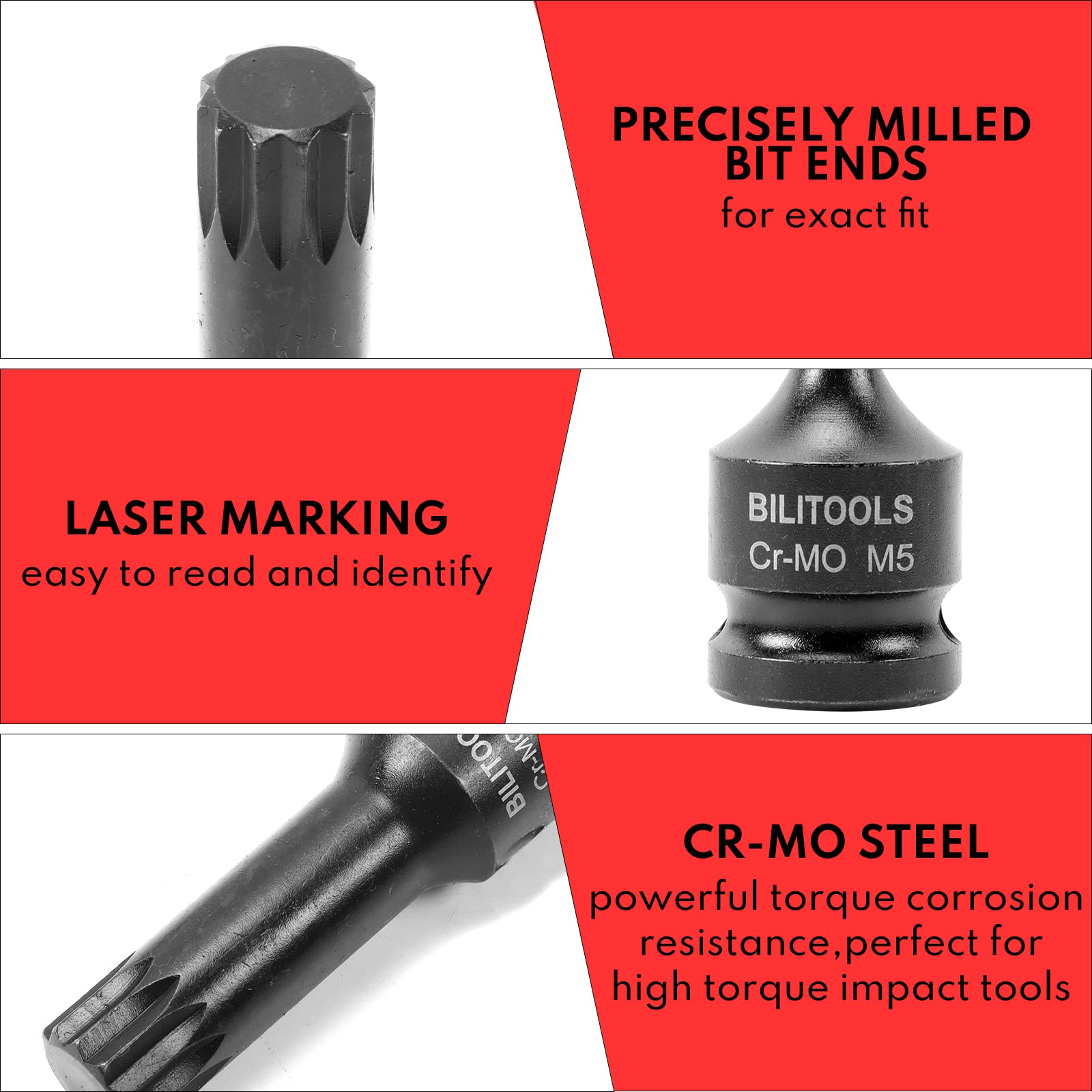 Cr-Mo steel construction of BILITOOLS socket set designed for durability.