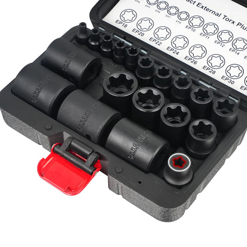 Bilitoools external torx plus socket set stored in rugged case for portable use.