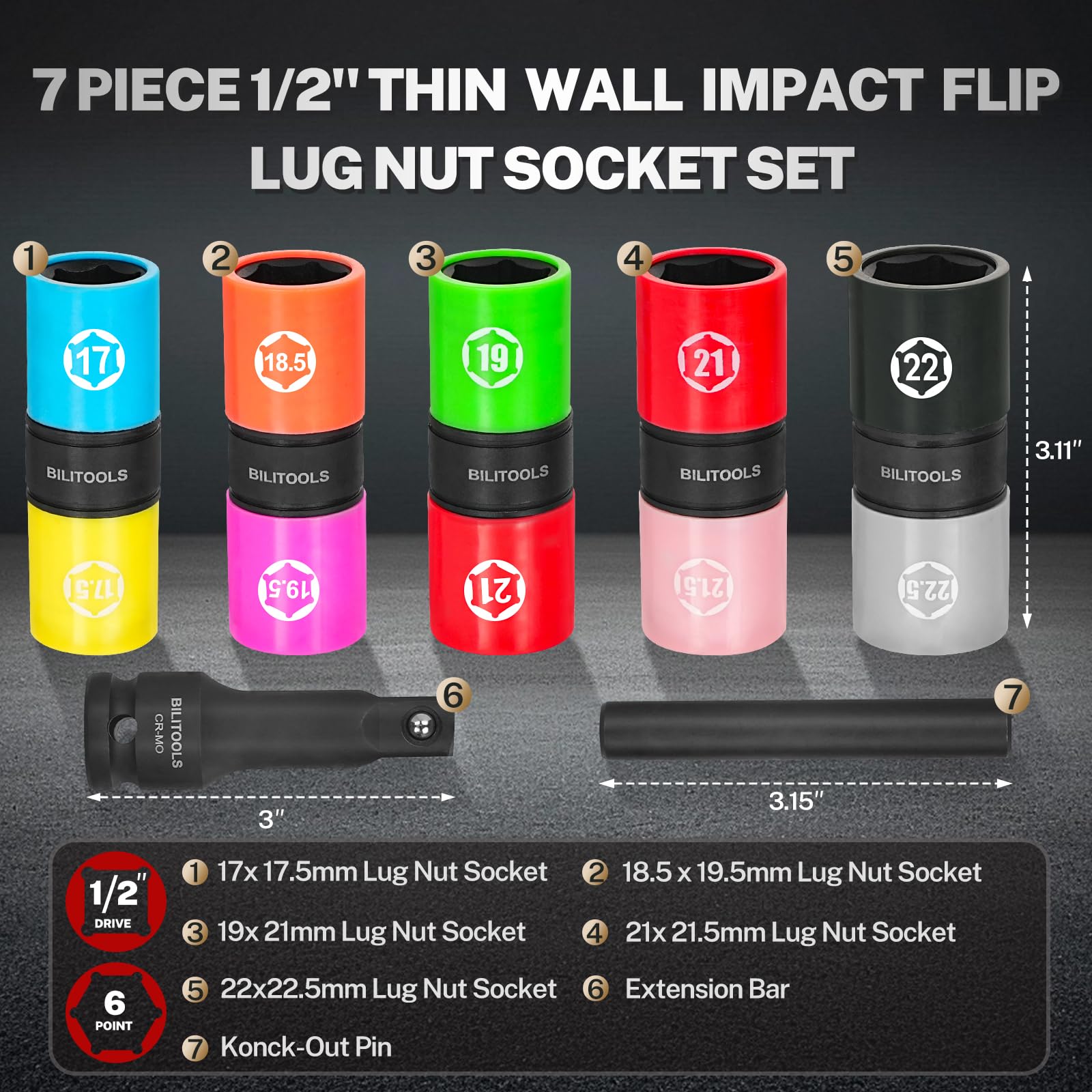 BILITOOLS flip socket 18-19.5mm for tight access to recessed lug nuts