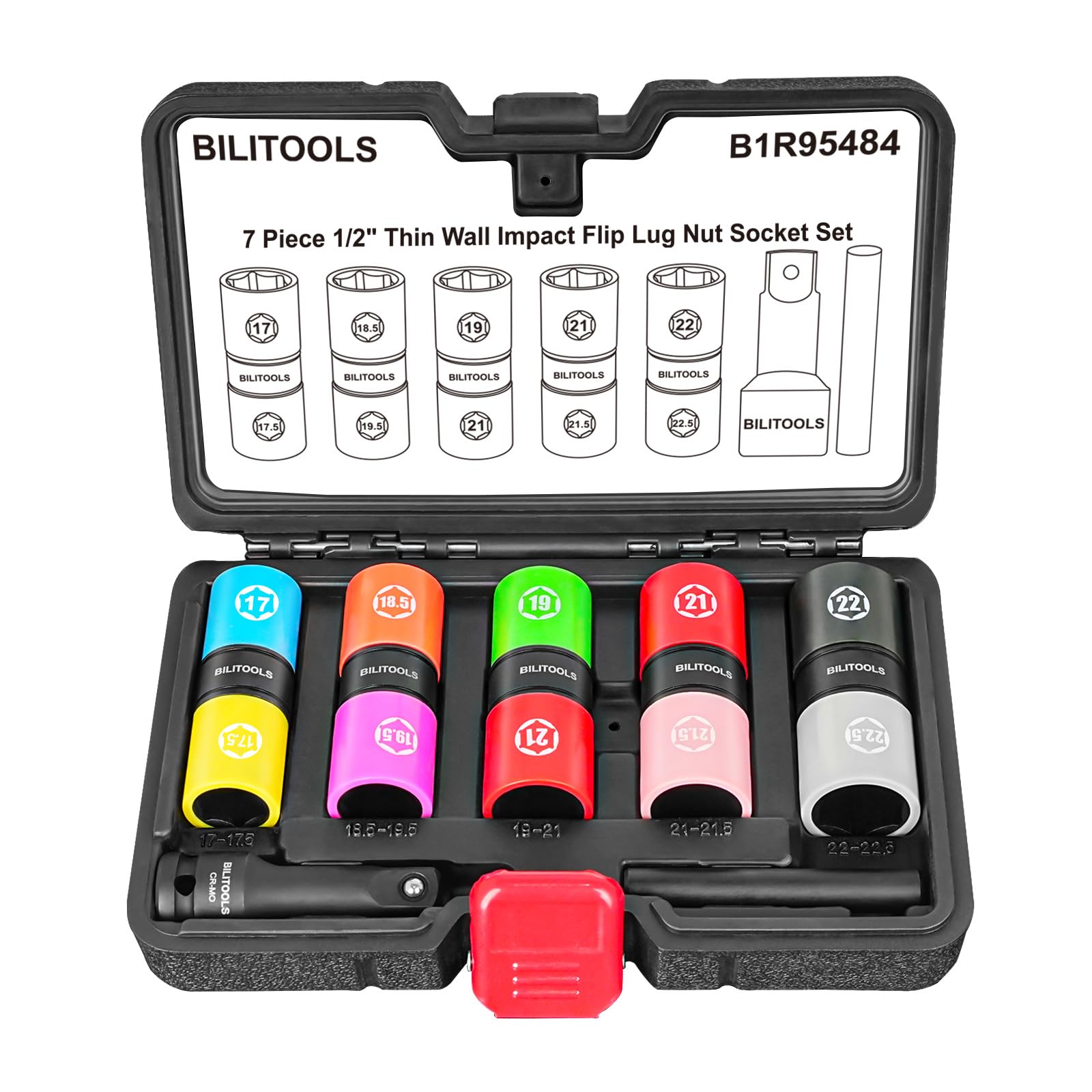 BILITOOLS half-sizes lug nut socket set with 17-17.5mm flips for swollen nuts